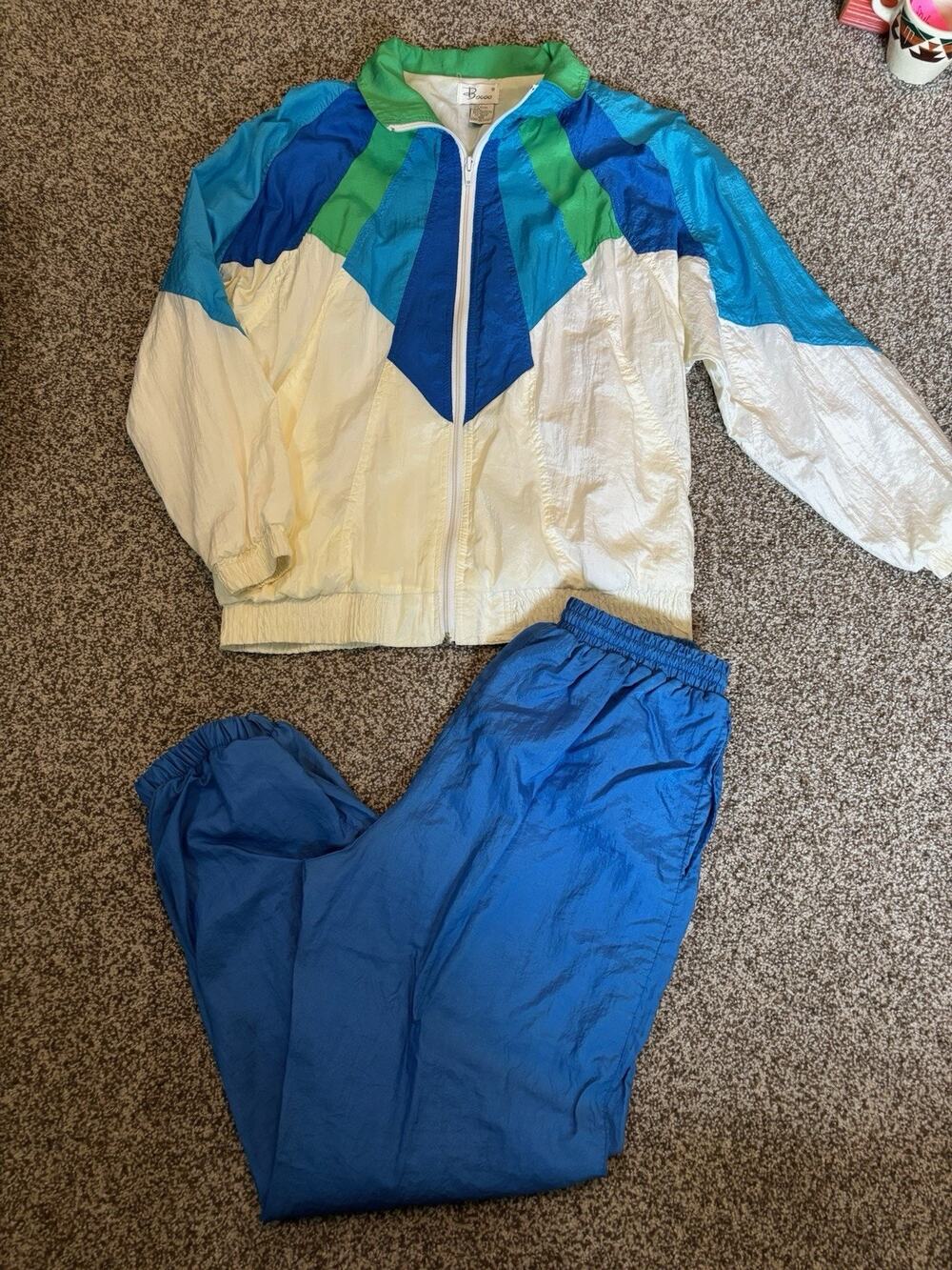 VTG 80s 90s Windbreaker Zip Jacket Pant Set Women Med Multicolor High Rise Retro
